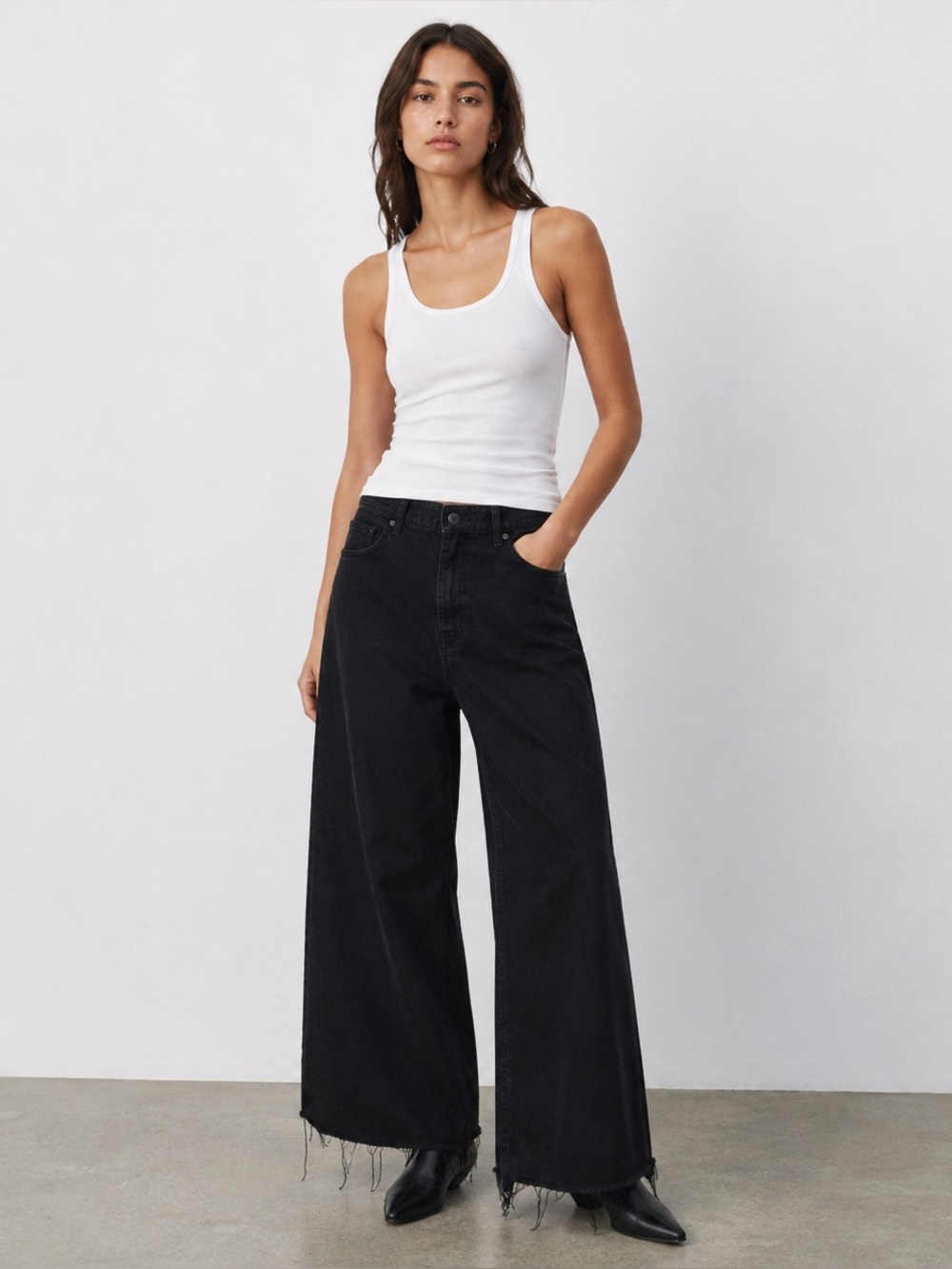 Zara Black Wide Leg Raw Hem Jeans 4